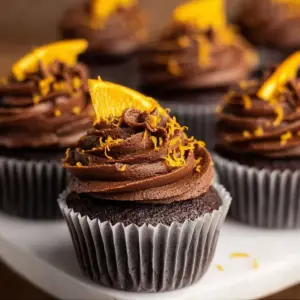 Delicious chocolate orange cupcakes with frosting and orange zest