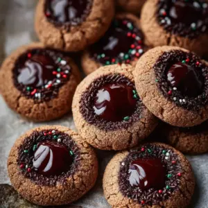 Delicious Chocolate Thumbprint Cookies topped with creamy chocolate filling