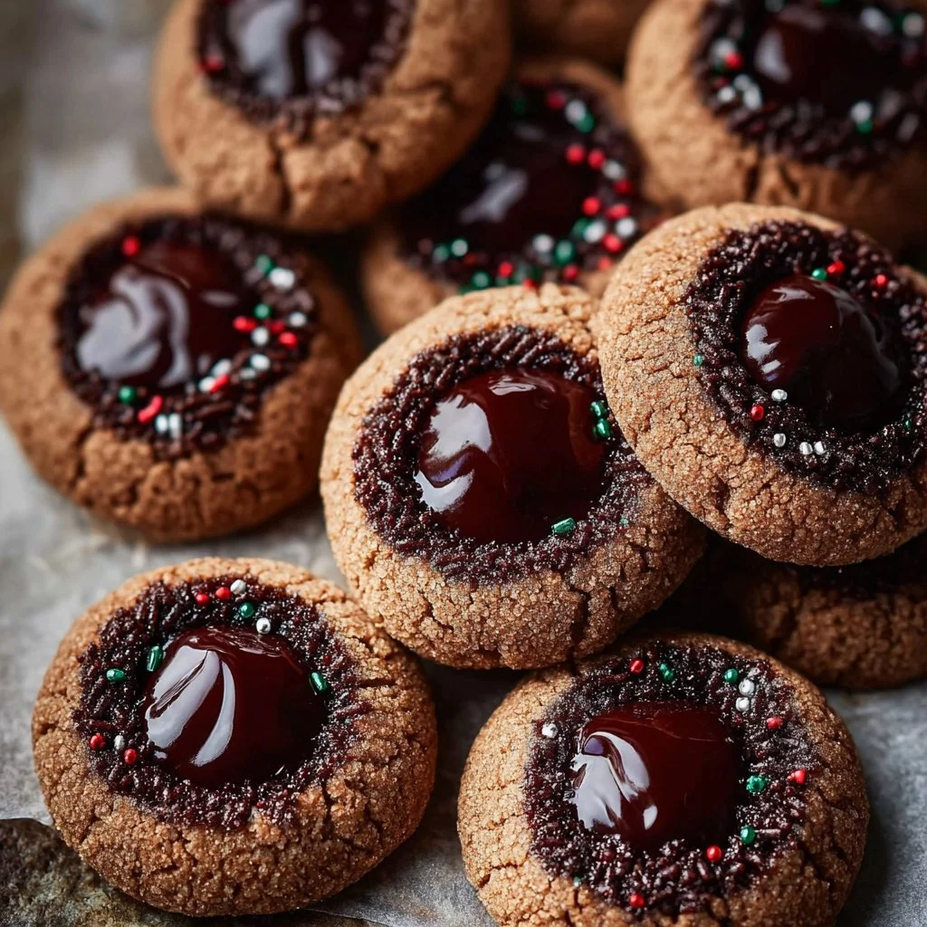 Delicious Chocolate Thumbprint Cookies topped with creamy chocolate filling