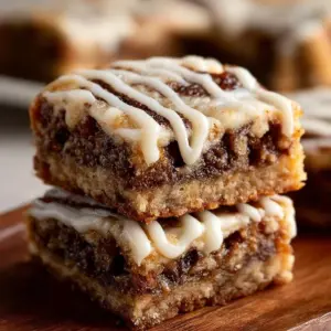Delicious cinnamon roll bliss bars drizzled with icing on a white plate