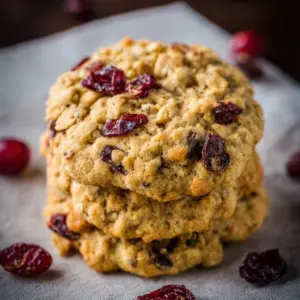 Delicious homemade cranberry oatmeal cookies on a rustic wooden table