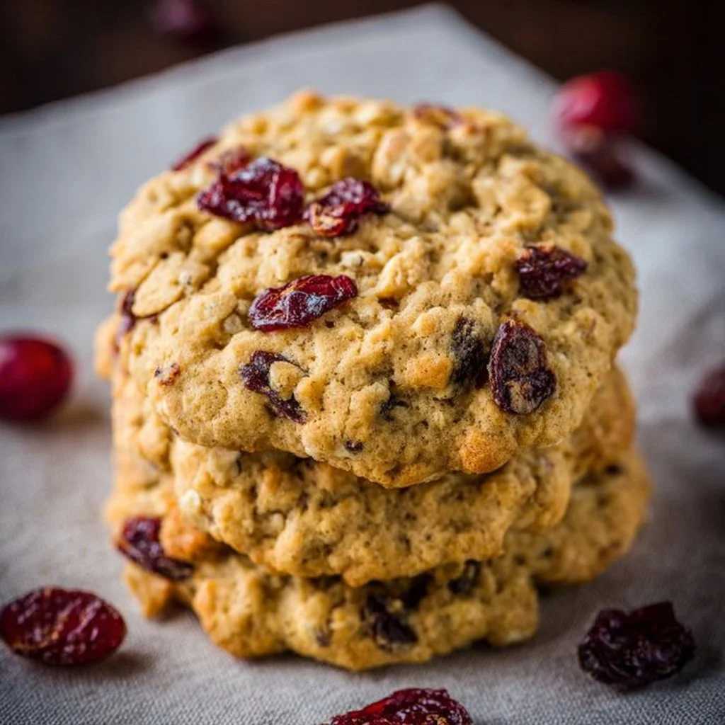 Delicious homemade cranberry oatmeal cookies on a rustic wooden table
