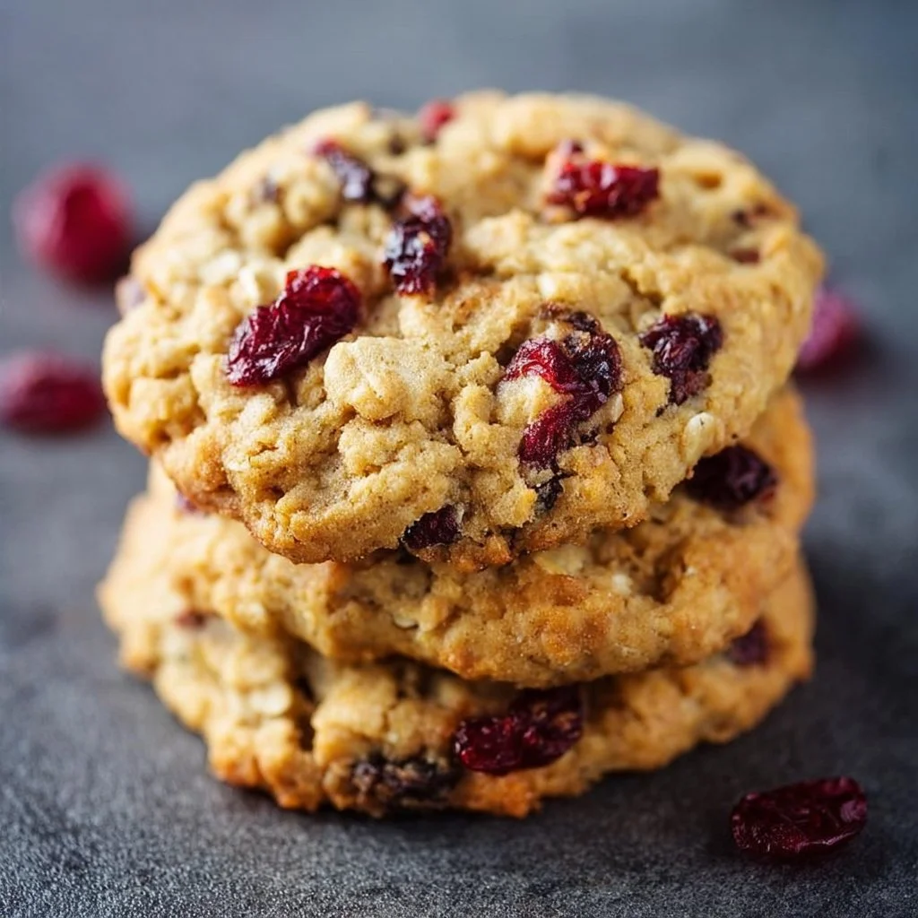 Freshly baked cranberry oatmeal cookies on a rustic wooden table
