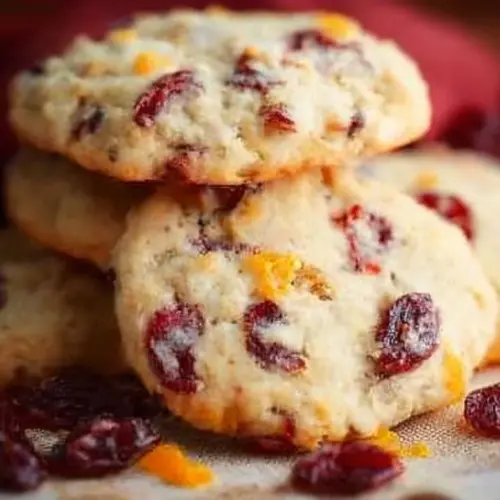 Freshly baked cranberry orange cookies with a vibrant orange glaze.