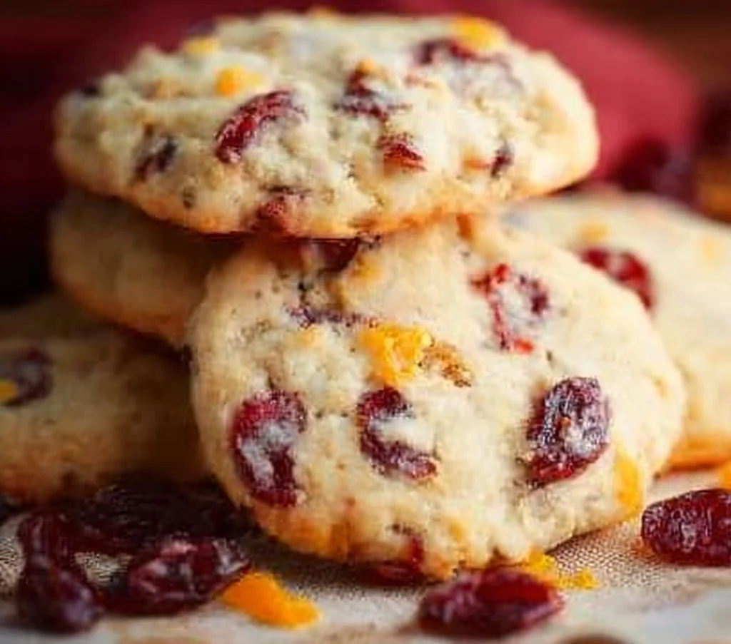 Freshly baked cranberry orange cookies with a vibrant orange glaze.