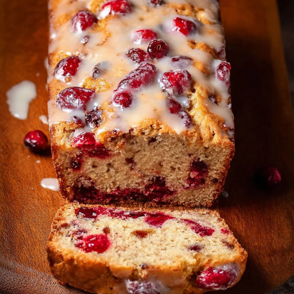 Freshly baked Cranberry Orange Loaf with cranberries and orange zest.