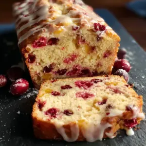 Freshly baked cranberry orange loaf on a wooden table.