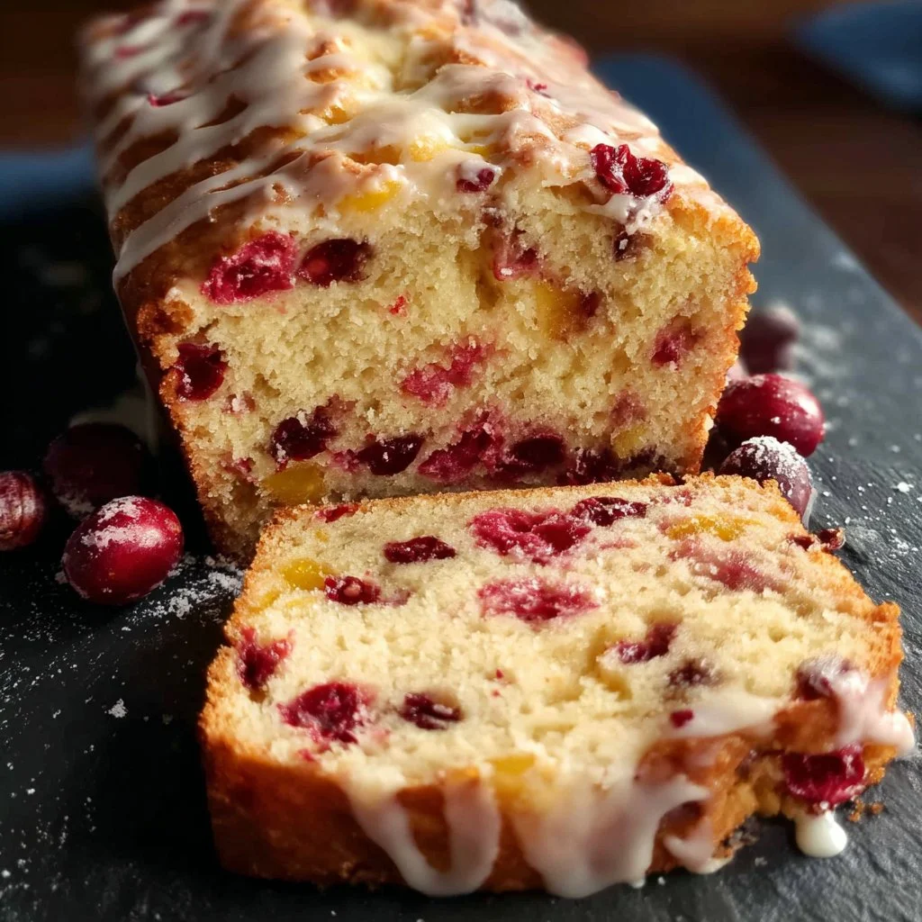 Freshly baked cranberry orange loaf on a wooden table.