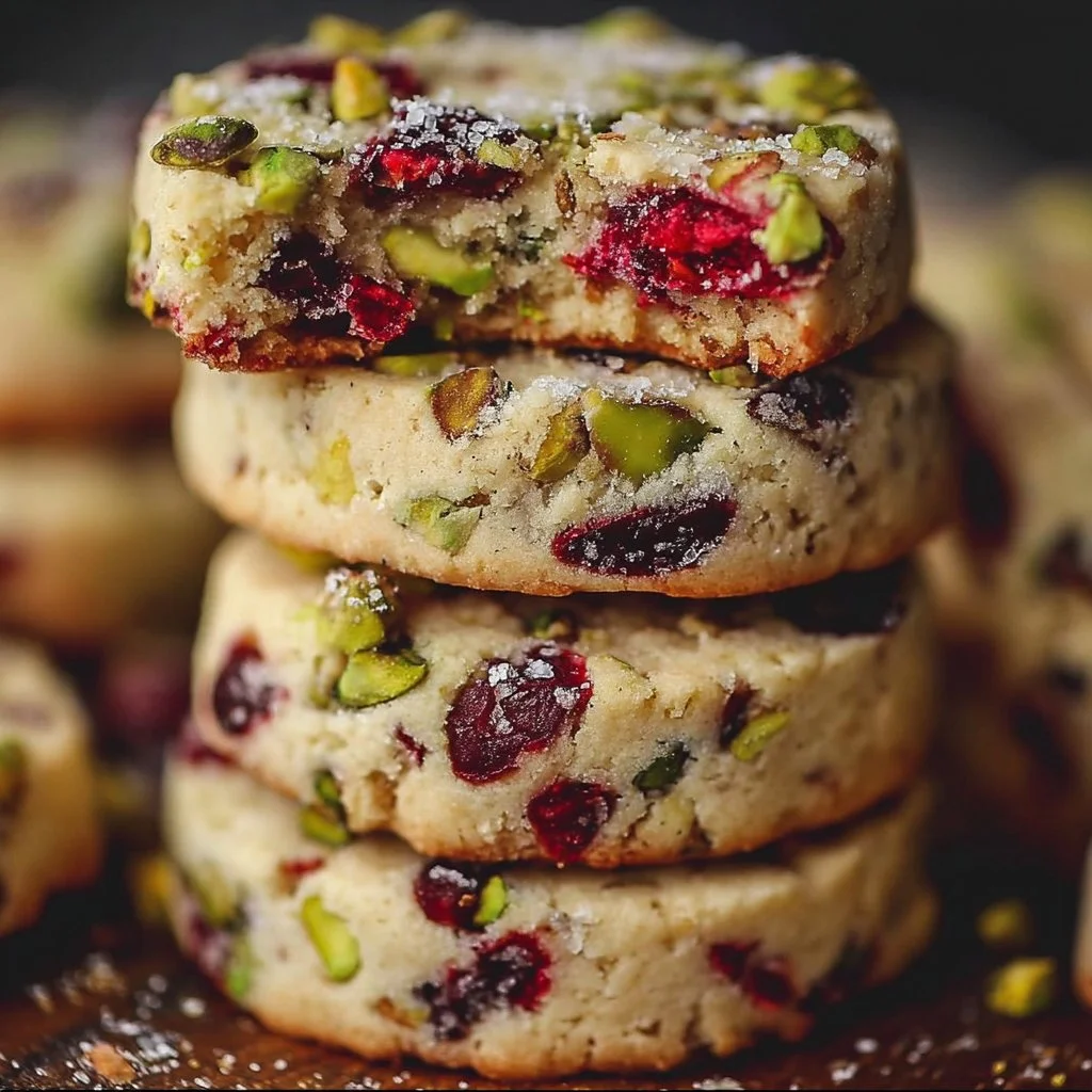 Plate of homemade Cranberry Pistachio Shortbread Cookies with festive decorations
