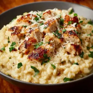 Creamy Parmesan Chicken served over fluffy rice with garnishes.