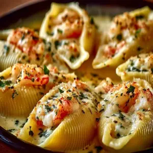 Delicious creamy seafood stuffed shells topped with cheese