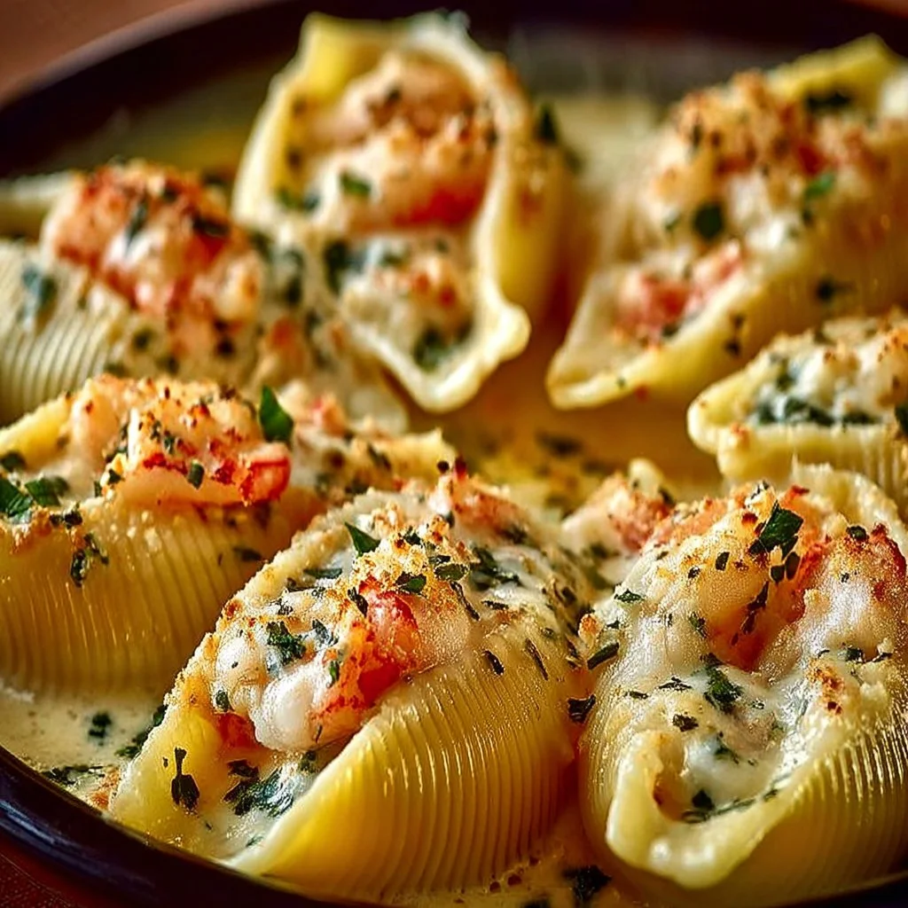 Delicious creamy seafood stuffed shells topped with cheese