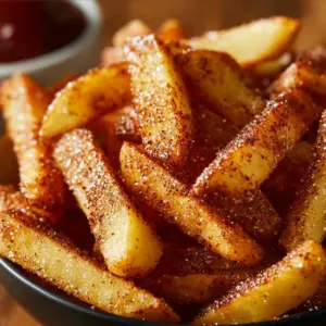 Crispy air fryer apple fries served in a bowl