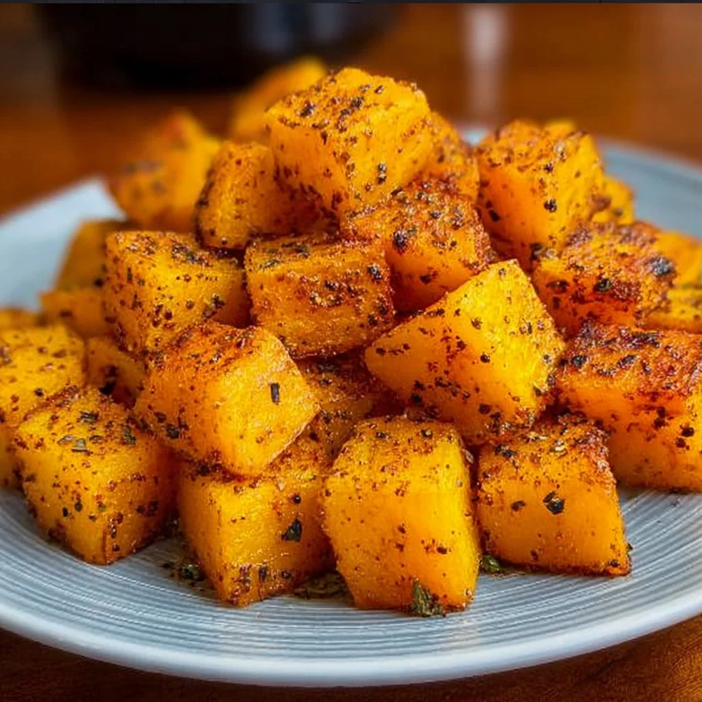 Crispy air fryer butternut squash served in a bowl with herbs.