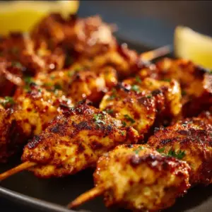 Crispy air fryer chicken skewers served on a plate with dipping sauce