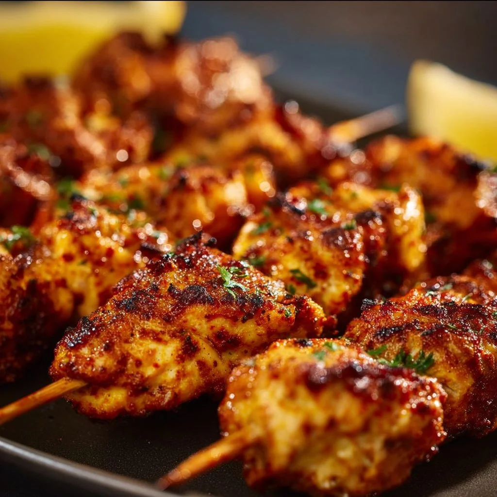 Crispy air fryer chicken skewers served on a plate with dipping sauce