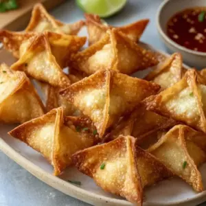 Crispy air fryer crab rangoon served on a plate with dipping sauce.