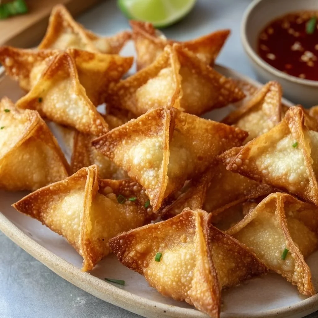 Crispy air fryer crab rangoon served on a plate with dipping sauce.