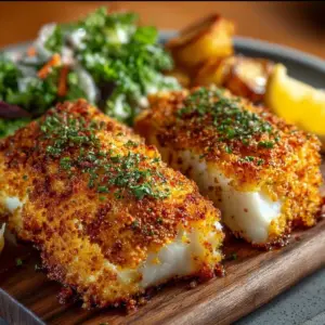 Crispy air fryer Parmesan crusted cod on a plate with lemon and herbs