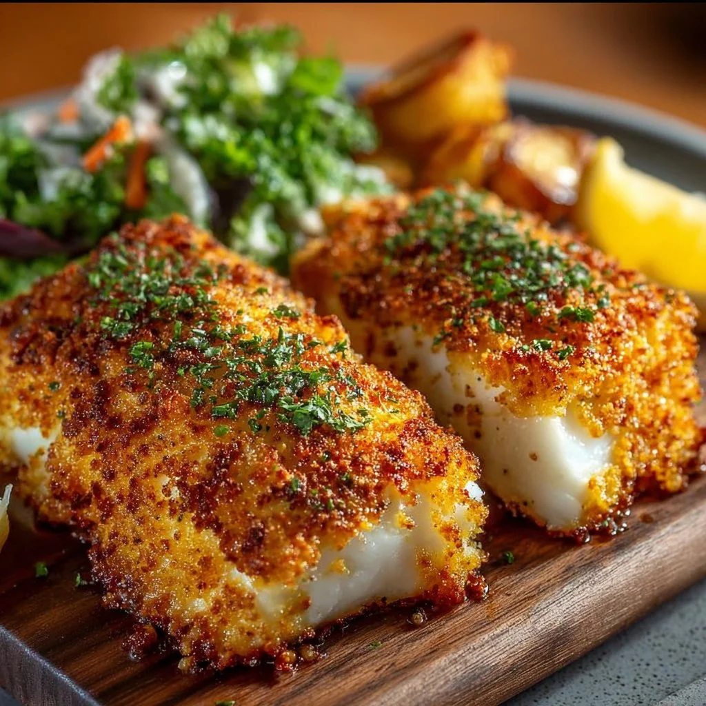 Crispy air fryer Parmesan crusted cod on a plate with lemon and herbs