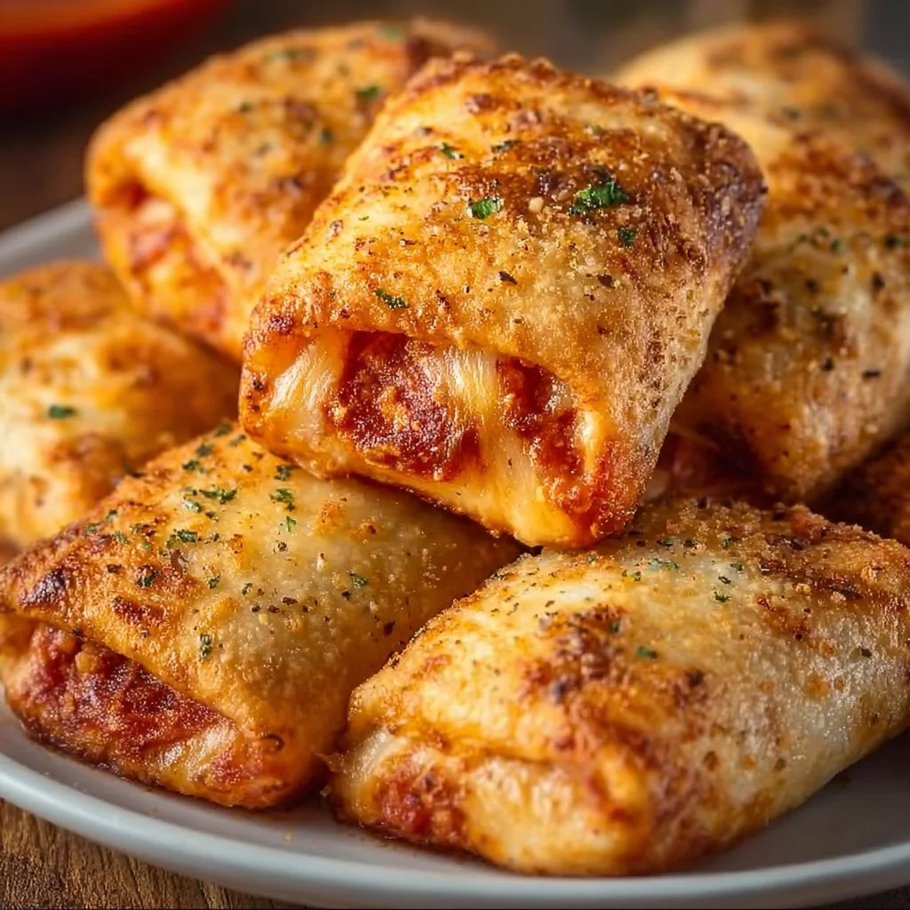 Crispy air fryer pizza rolls served on a plate as a snack.