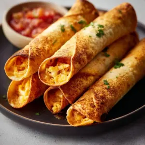 Crispy air fryer taquitos served on a plate with dipping salsa.
