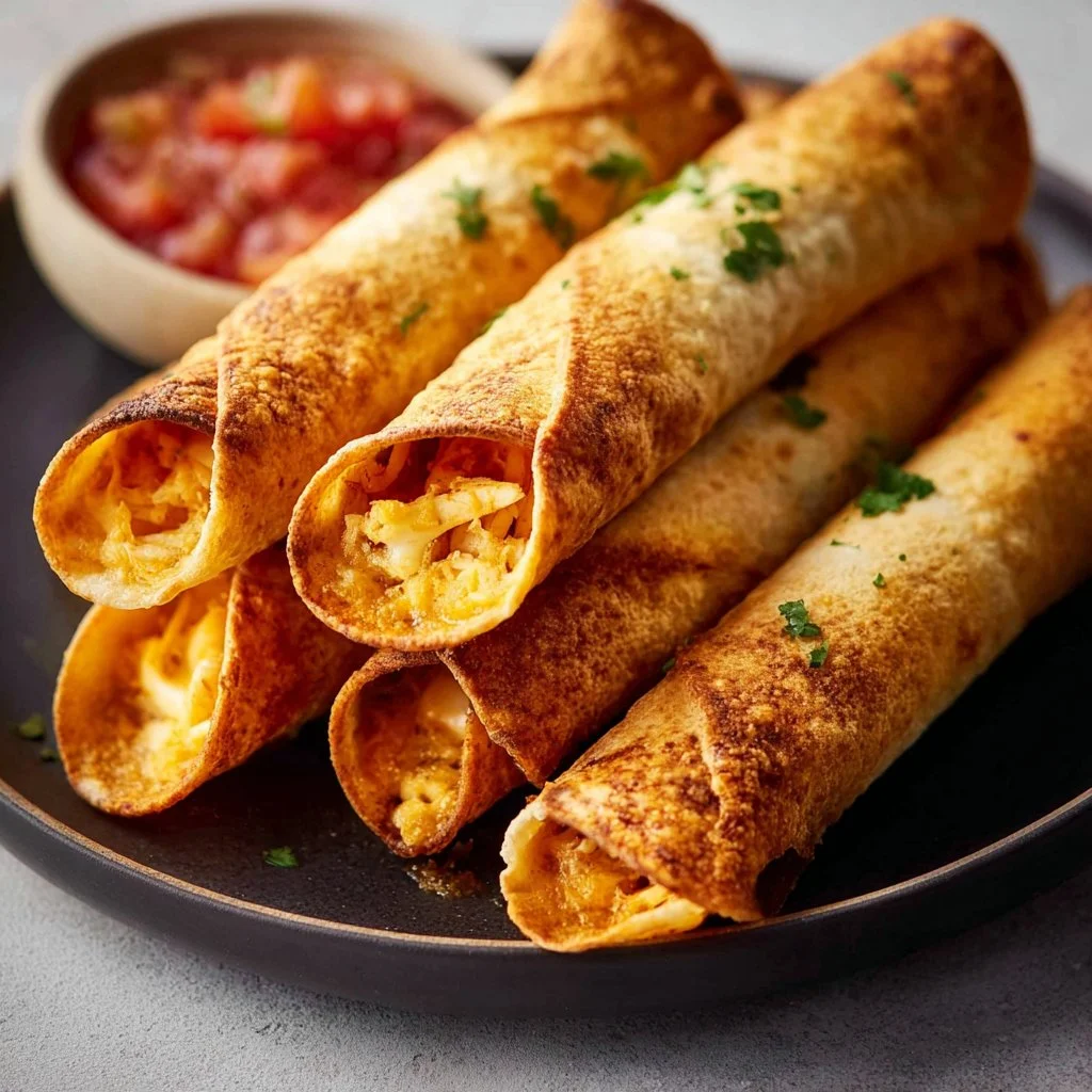 Crispy air fryer taquitos served on a plate with dipping salsa.