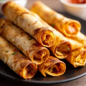 Plate of crispy air fryer taquitos ready to be served