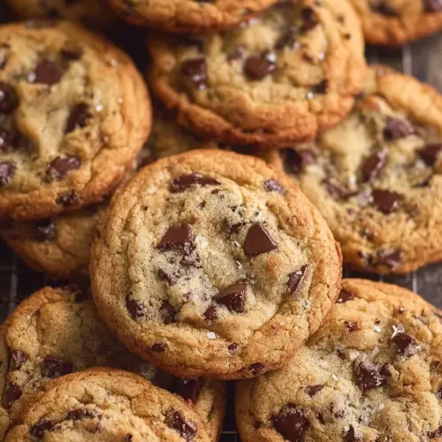 Delicious crispy and chewy chocolate chip cookies on a cooling rack