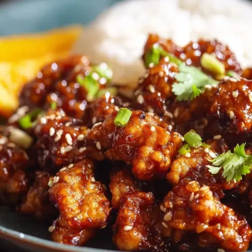 Crispy orange chicken garnished with sesame seeds and green onions.