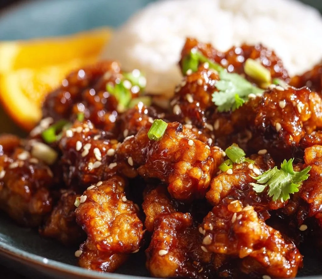 Crispy orange chicken garnished with sesame seeds and green onions.