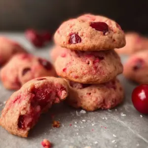 Baked easy cherry cookies on a cooling rack with fresh cherries