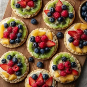 Delicious easy fruit pizza cookies topped with fresh fruits and creamy frosting.