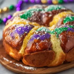 Delicious homemade easy King Cake ready for Mardi Gras festivities
