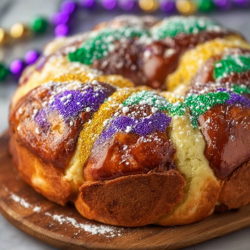Delicious homemade easy King Cake ready for Mardi Gras festivities
