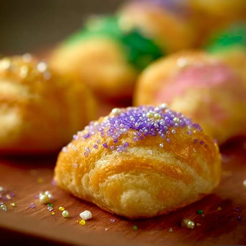 A variety of colorful easy king cake bites for Mardi Gras celebration.