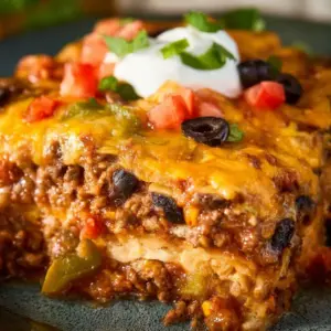 Delicious taco lasagna with layers of cheese, tortillas, and seasoned beef