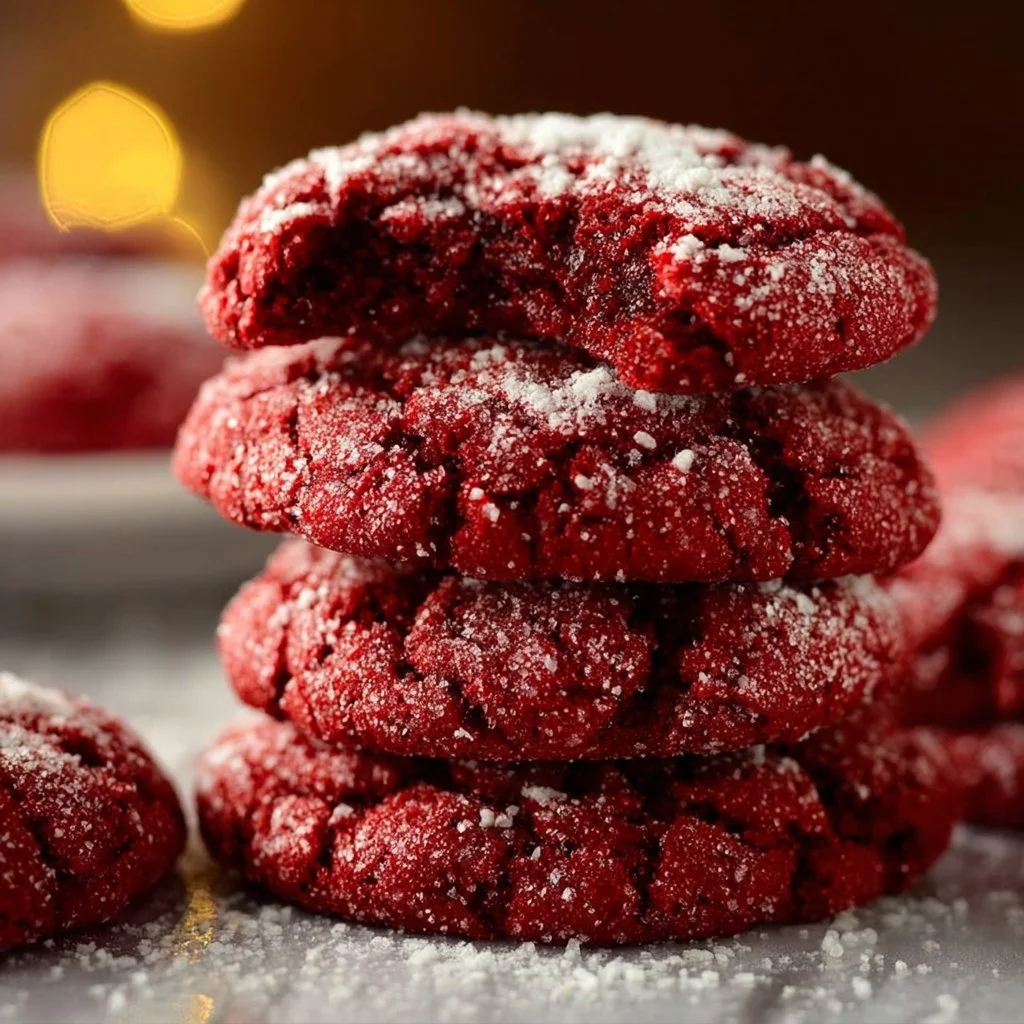 Easy red velvet cake mix cookies with cream cheese frosting on a plate.