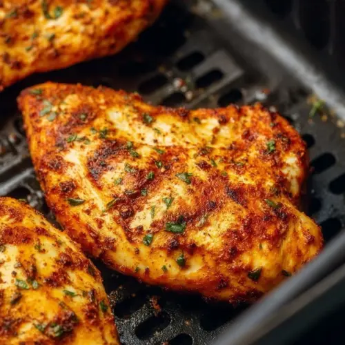 Frozen chicken breast cooked in an air fryer, golden and crispy.