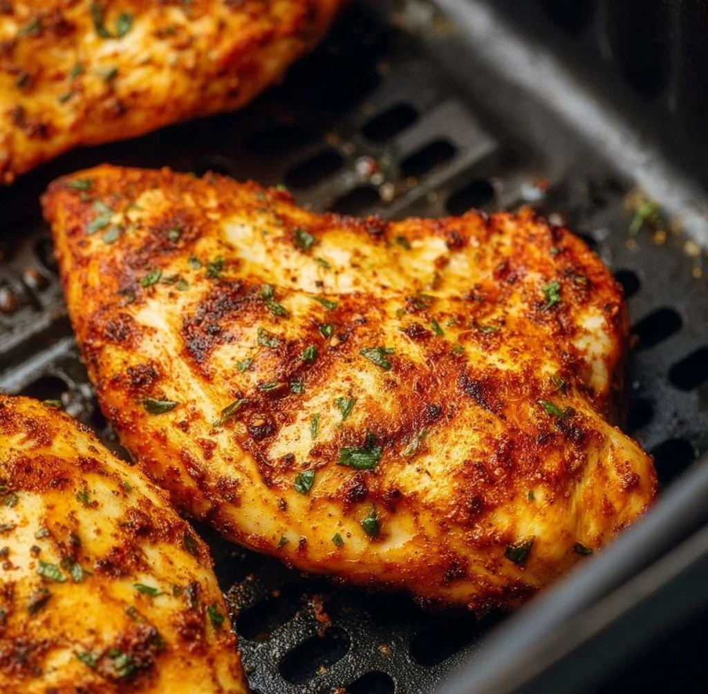 Frozen chicken breast cooked in an air fryer, golden and crispy.