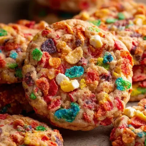 Colorful Fruity Pebble Cookies with vibrant cereal toppings