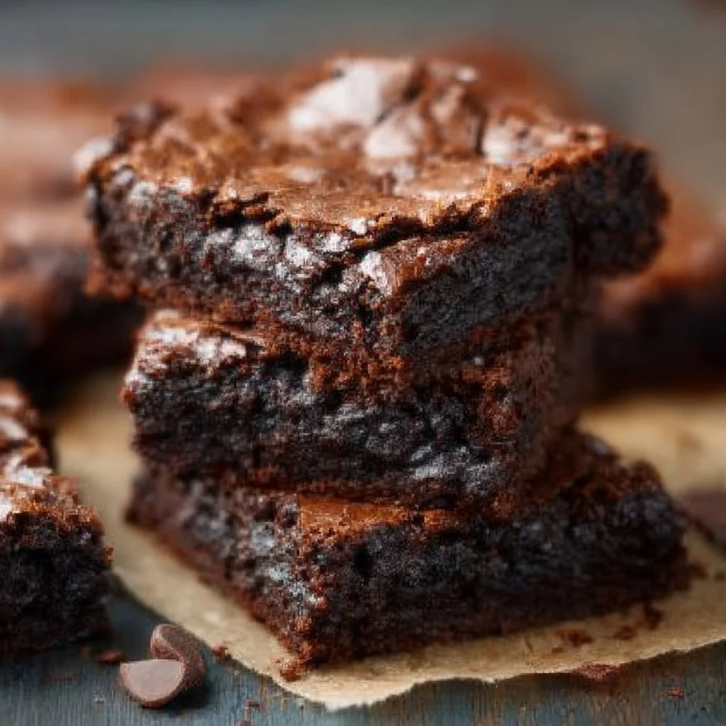 Decadent fudgy brownies with chocolate drizzle on a white plate