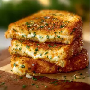 Garlic bread grilled cheese sandwich made with melted cheese and garlic butter.