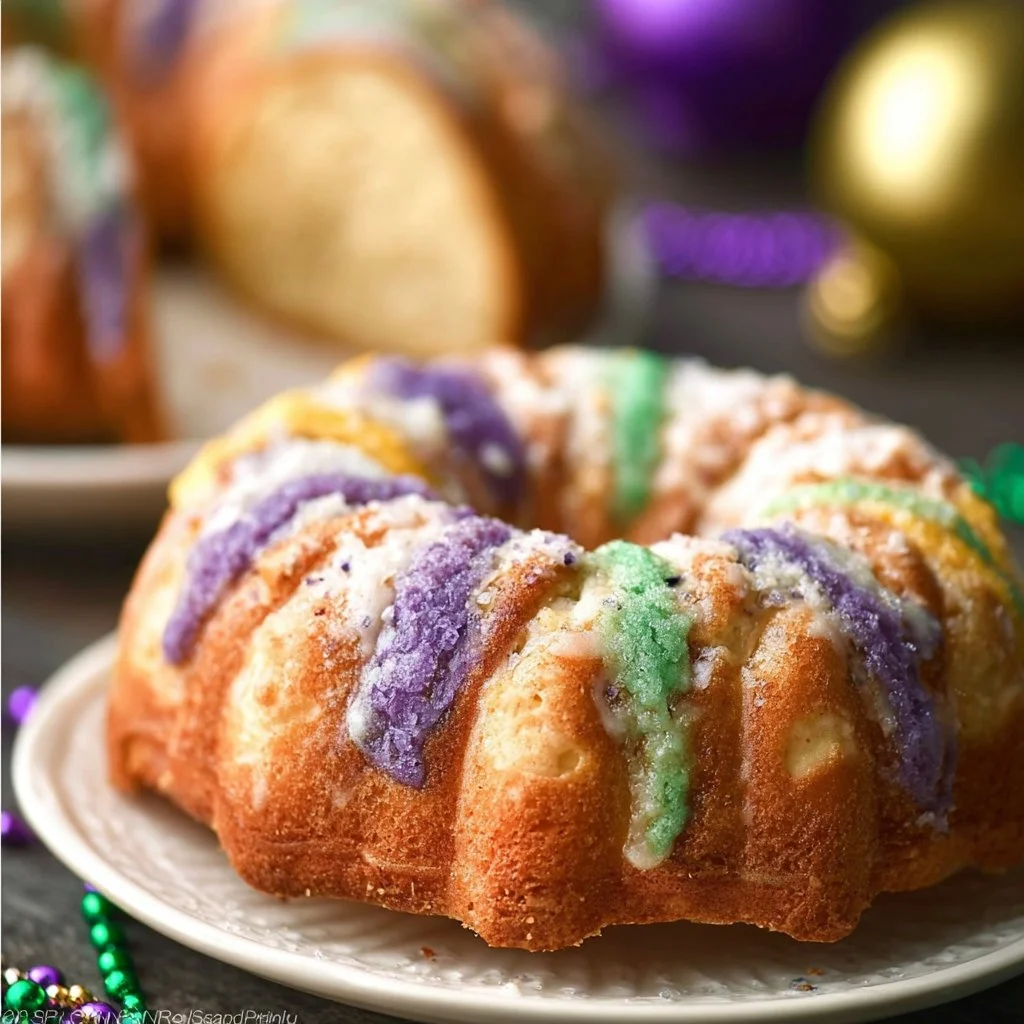 Delicious Gluten-Free King Cake decorated for Mardi Gras celebration