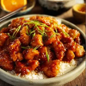 Gluten-free orange chicken served on a plate with colorful vegetables