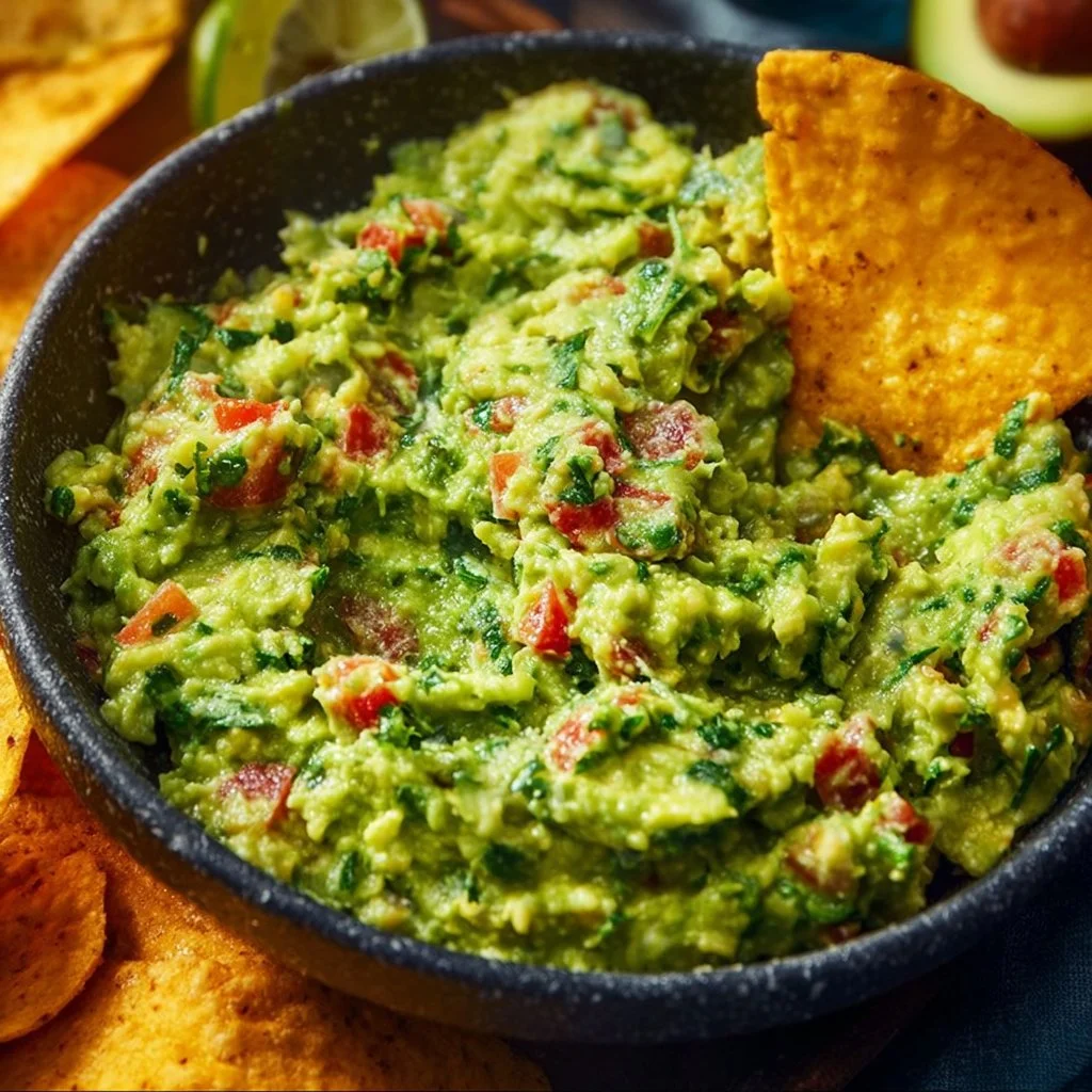 Delicious homemade guacamole served in a bowl with tortilla chips