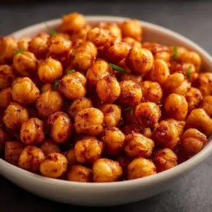 Healthy air fryer chickpeas served in a bowl with seasoning.