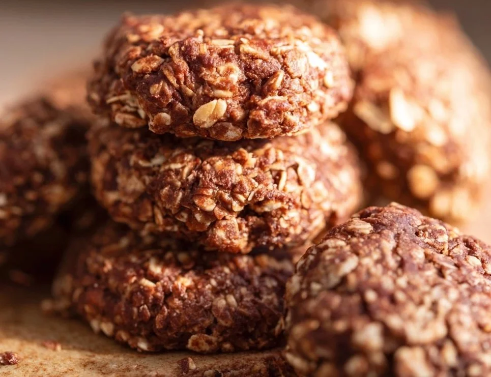 Healthy no bake cookies on a plate with ingredients around them