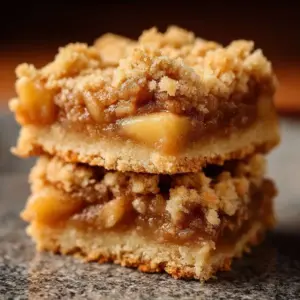 Delicious homemade apple crisp shortbread bars served on a wooden plate