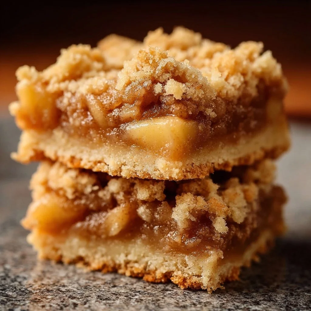 Delicious homemade apple crisp shortbread bars served on a wooden plate